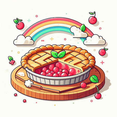 Sweet cherry pie with rainbow and clouds on white background. Vector illustration.のイラスト素材