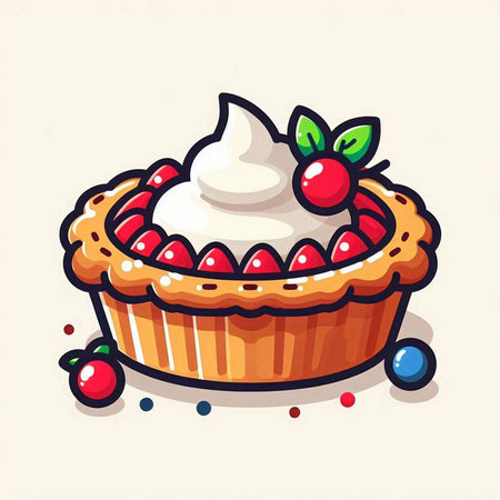Illustration of a cherry pie with whipped cream on a white backgroundのイラスト素材
