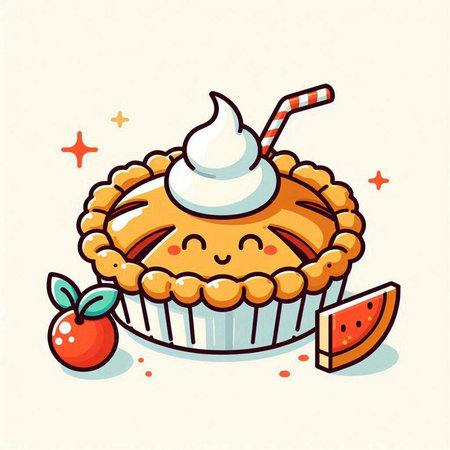 Cute apple pie with whipped cream and fruit. Vector illustration.のイラスト素材