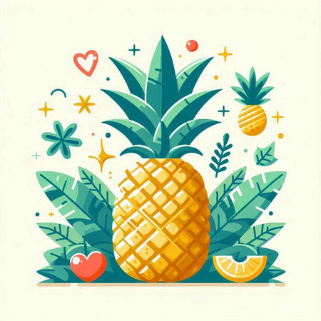 Pineapple and tropical leaves. Vector illustration in flat style.のイラスト素材