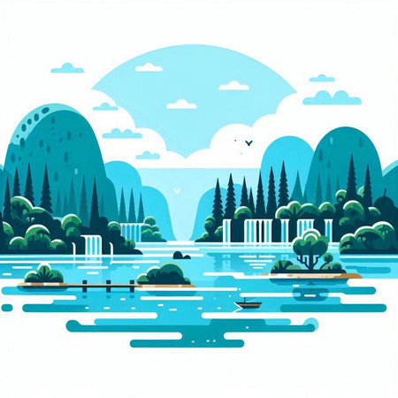 Landscape with mountains, trees and lake. Vector illustration in flat styleのイラスト素材