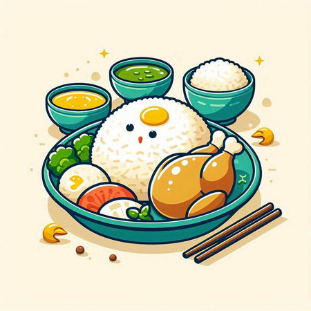 Illustration of a bowl of rice with chicken and vegetables on a light backgroundのイラスト素材