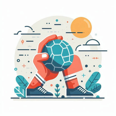 Soccer ball in hand. Flat style vector illustration on white background.のイラスト素材