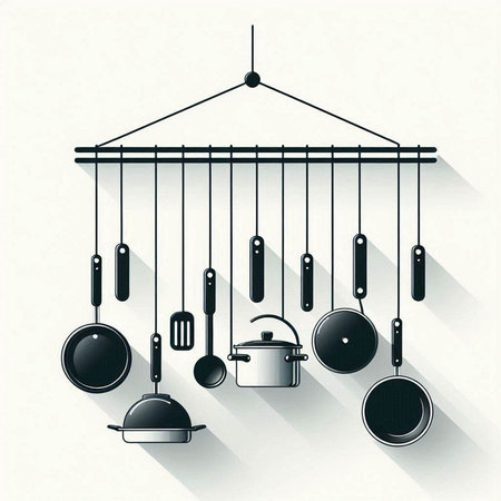 Kitchen utensils hanging on the wall. Vector illustration.のイラスト素材