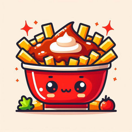 Cute kawaii french fries with ketchup and mayonnaise. Vector illustration.のイラスト素材