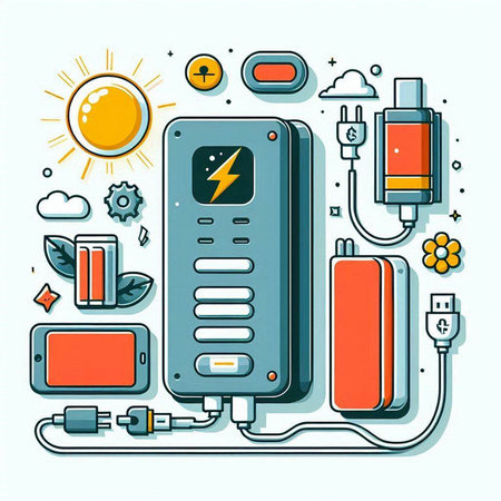 Vector illustration of electrical equipment. Power supply, battery, cable, plug.のイラスト素材
