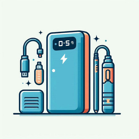 Vector illustration of power bank and charger. Flat line art style design.のイラスト素材