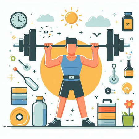 Fitness and healthy lifestyle concept. Flat vector illustration of man doing exercises with barbell.のイラスト素材
