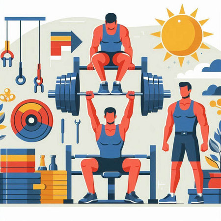 Vector illustration of man doing exercises with dumbbells on the background of the gym.のイラスト素材