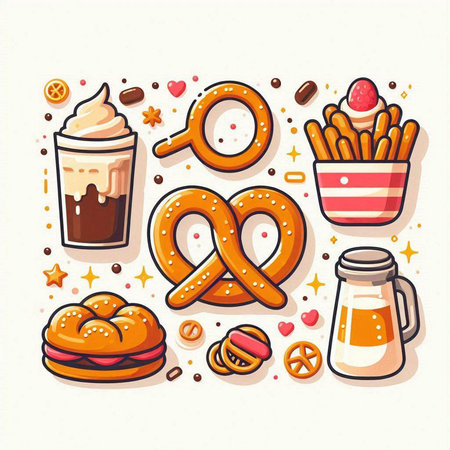 Coffee and sweets icons set. Vector illustration in cartoon styleのイラスト素材