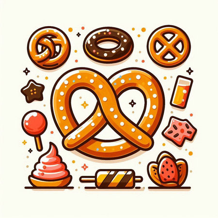 Pretzels, donuts and lollipops. Vector illustration.のイラスト素材
