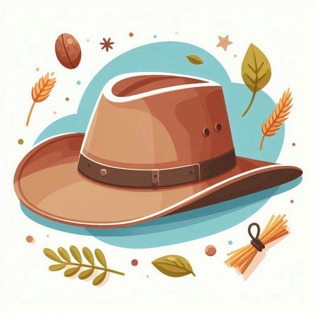 Illustration of a brown cowboy hat and autumn leaves, vector illustrationのイラスト素材