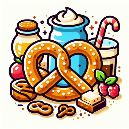 Pretzel and milkshake. Vector illustration of dairy products.のイラスト素材