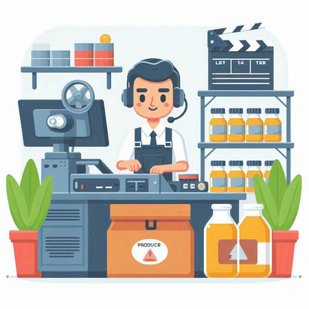 Cartoon vector illustration of a man working in a coffee shop.のイラスト素材