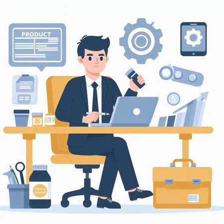 Businessman working at office with laptop and mobile phone. Vector illustrationのイラスト素材
