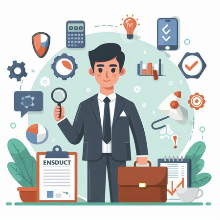 Businessman with a briefcase and business icons. Vector illustration.のイラスト素材