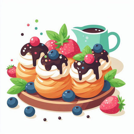 Pancakes with berries and cream. Vector illustration in cartoon styleのイラスト素材