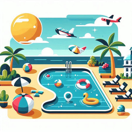 Swimming pool on the beach. Vector illustration in flat style.のイラスト素材
