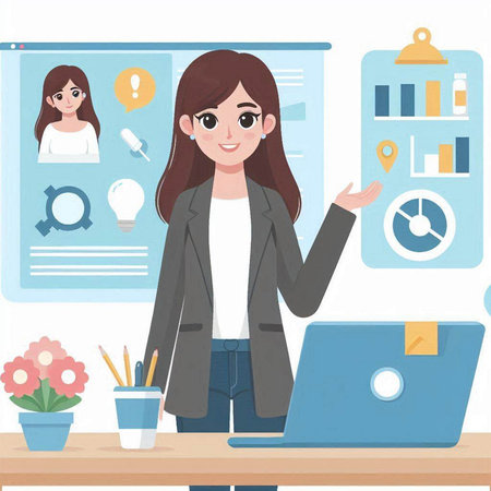 Young business woman working on laptop in the office. Vector illustration.のイラスト素材