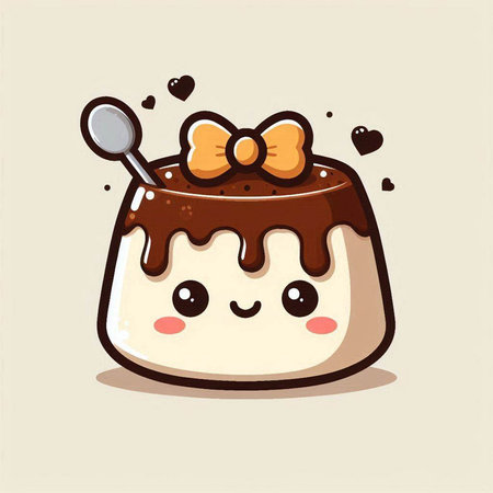 Cute Cartoon Chocolate Pudding with Spoon. Vector Illustration.のイラスト素材