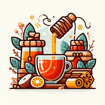 Cup of hot tea with honey and spices. Vector illustration.のイラスト素材