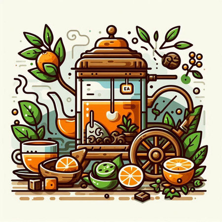 Vector illustration of teapot with tea, lemon and cinnamon.のイラスト素材