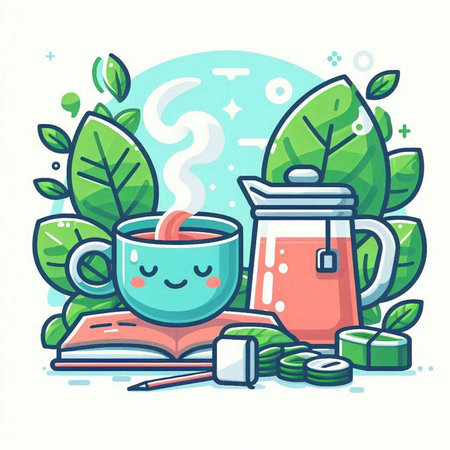 Cute tea and book. Vector illustration in a flat style.のイラスト素材