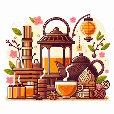 Chinese tea ceremony, teapot, cup of tea, teacup, teapot, teacup. Vector illustration.のイラスト素材