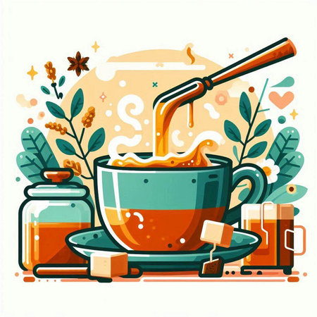 Coffee cup with honey and tea bag. Vector illustration.のイラスト素材