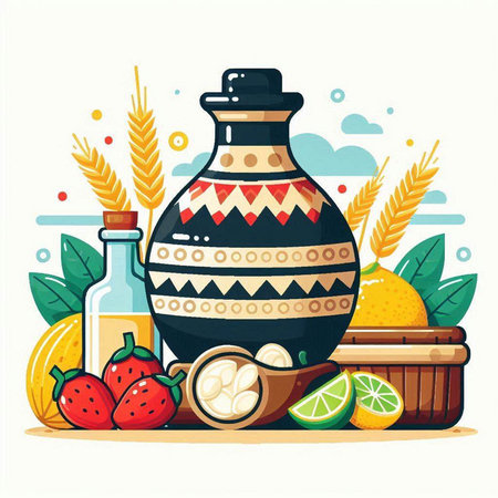 Vector illustration of traditional indian jar with lemons, oranges and strawberriesのイラスト素材