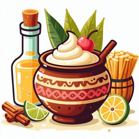Vector illustration of a clay pot with cream, cinnamon sticks, lime and honey.のイラスト素材