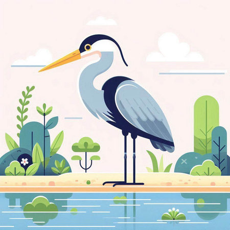 Grey heron on the shore of the lake. Vector illustration.のイラスト素材