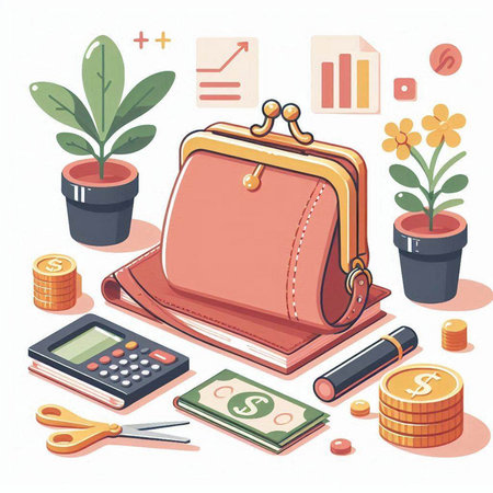 Vector illustration of a purse with money, calculator, plant and coins.のイラスト素材