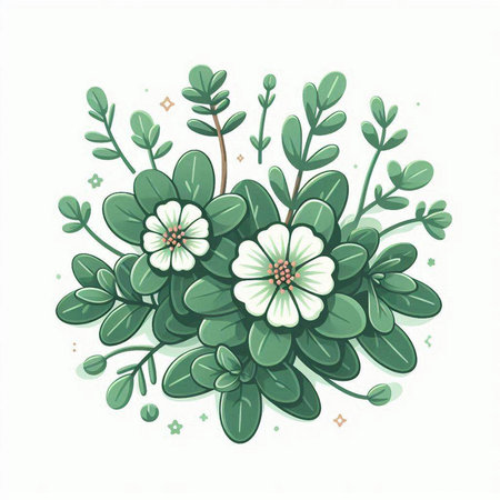 Hand drawn vector abstract floral background with green leaves, flowers and twigs.のイラスト素材