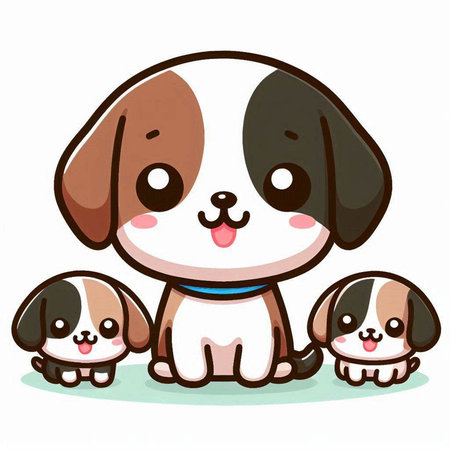 Cute cartoon dog with a group of puppies. Vector illustration.のイラスト素材