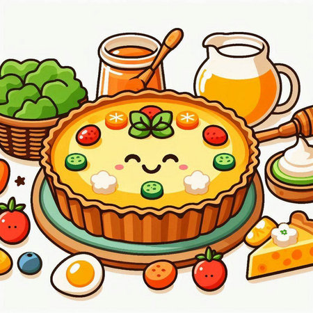Illustration of a Cute Smiling Pie with Vegetables and Fruitsのイラスト素材