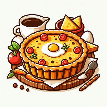 Illustration of a pie with tomatoes, cheese, eggs and coffeeのイラスト素材