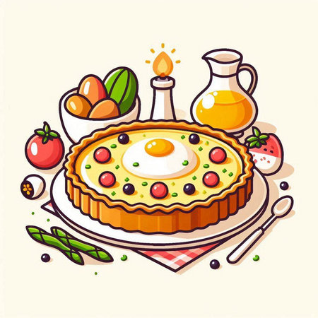 Illustration of a pie with eggs and vegetables on a light backgroundのイラスト素材