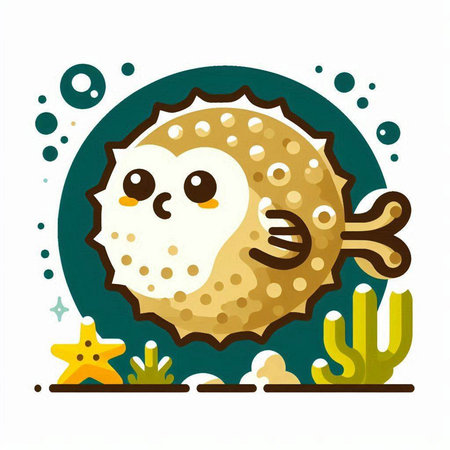 Illustration of a cute pufferfish with a starfish.のイラスト素材