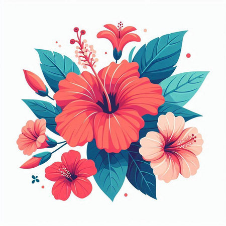 Hibiscus flowers and leaves. Vector illustration in retro style.のイラスト素材