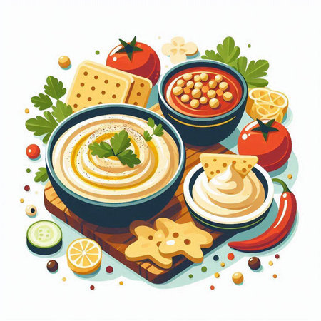 Bowl of hummus with vegetables and crackers. Vector illustration.のイラスト素材