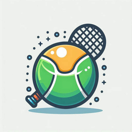 Tennis ball and racket icon. Vector illustration in flat style.のイラスト素材
