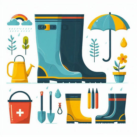 Rubber boots, watering can, watering can, watering can, shovel, watering can, rubber boots. Vector illustration.のイラスト素材