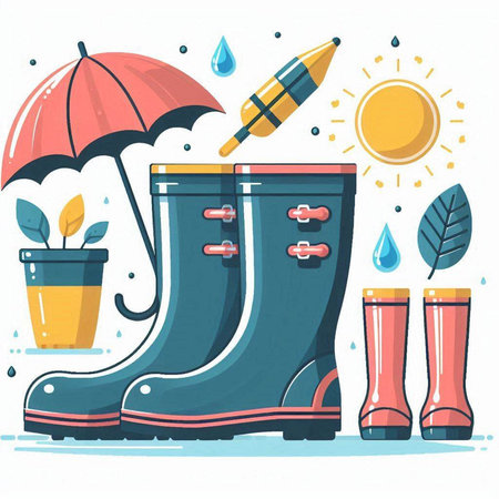 Garden rubber boots, umbrella, rubber boots, watering can, sun and raindrops. Vector illustration.のイラスト素材