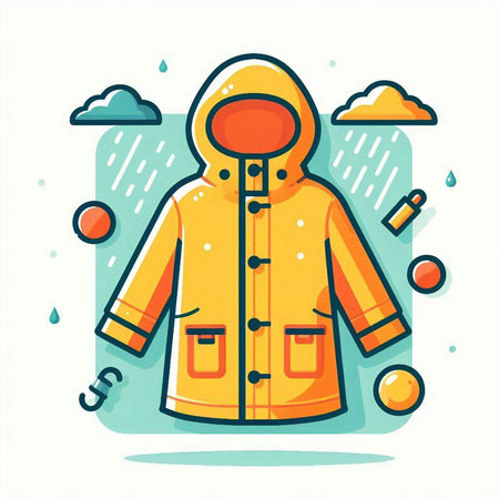 Yellow raincoat with hood and raindrops. Vector illustration in flat styleのイラスト素材