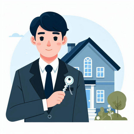 Real estate agent with key in hand. Vector illustration in flat styleのイラスト素材