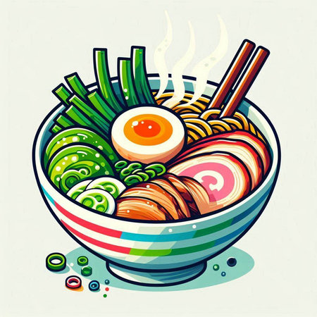 Illustration of ramen noodle bowl with chopsticks and eggのイラスト素材