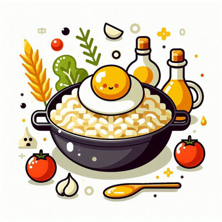 Rice with fried egg and vegetables. Vector illustration in cartoon style.のイラスト素材