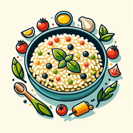 Vector illustration of a bowl of risotto with vegetables and spices.のイラスト素材