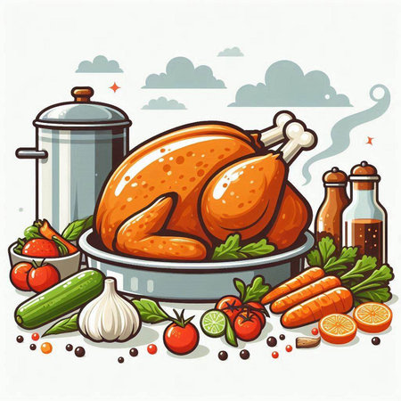Illustration of a roasted chicken with vegetables on a white background.のイラスト素材